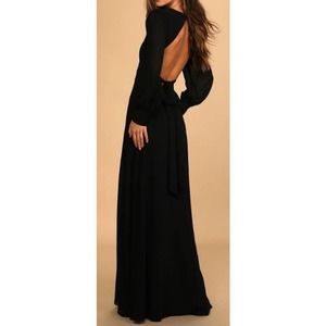 LULU'S L Black Talk About Divine Black Long Sleeve Backless Maxi Dress NWT B47